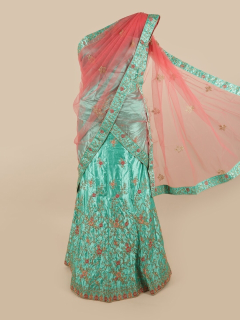 

Pothys Green & Pink Embroidered Beads and Stones Unstitched Lehenga & Blouse With Dupatta