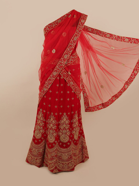 

Pothys Red & Gold-Toned Embroidered Unstitched Lehenga & Blouse With Dupatta