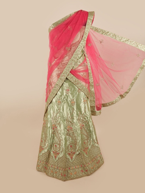 

Pothys Pink & Green Embellished Unstitched Lehenga & Blouse With Dupatta