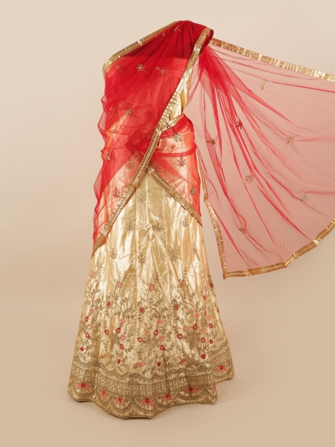 

Pothys Red & Cream-Coloured Embroidered Beads and Stones Unstitched Lehenga & Blouse With Dupatta