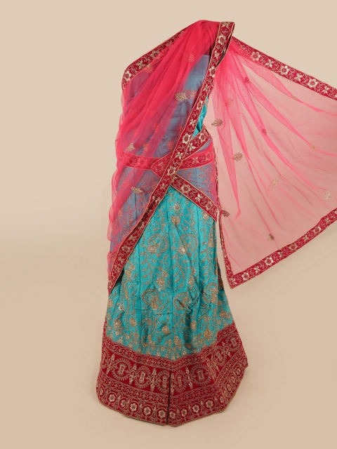 

Pothys Pink & Blue Embroidered Unstitched Net Lehenga & Blouse With Dhavani