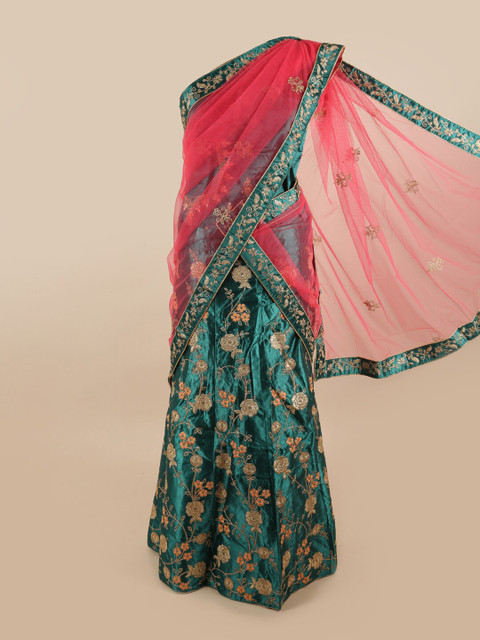 

Pothys Pink & Green Embroidered Unstitched Lehenga & Blouse With Dupatta