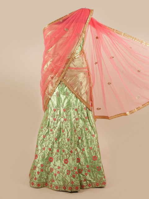 

Pothys Pink & Green Embroidered Unstitched Lehenga & Blouse With Dhavani