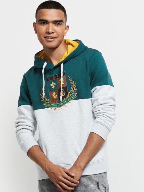 

max Men Green & Grey Colourblocked Hooded Sweatshirt