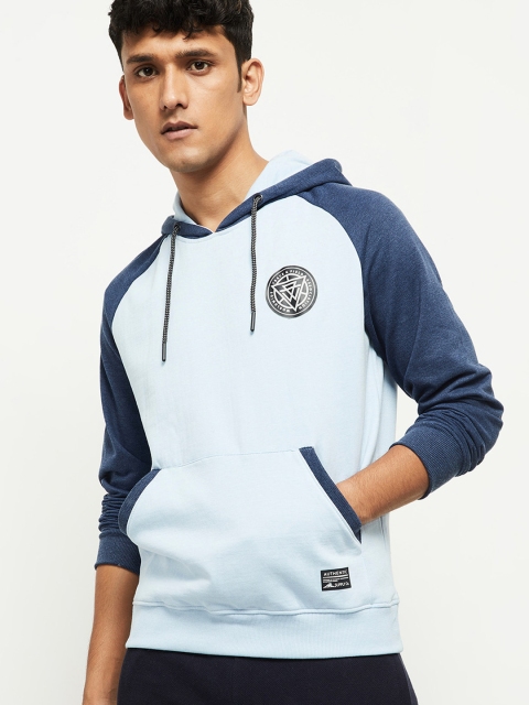 max Men Blue Colourblocked Hooded Sweatshirt