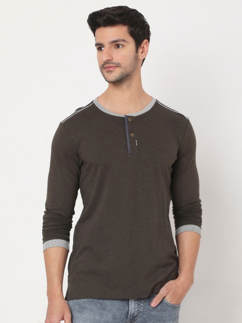 

Mufti Men Olive Green Henley Neck Pure Cotton Slim Fit T-shirt