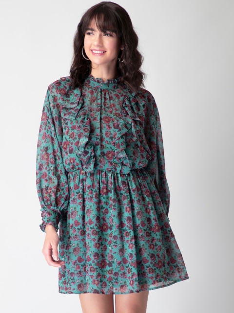 

FabAlley Blue Floral Ruffled High Neck Dress