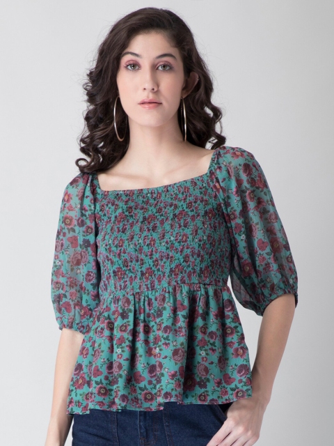 

FabAlley Teal Floral Printed Smocked Peplum Top