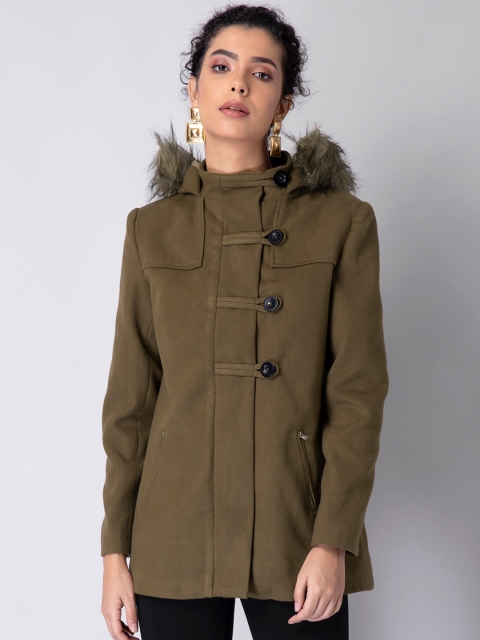 

FabAlley Women Olive-Green Solid Hooded Trench Coat