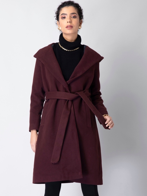 

FabAlley Women Maroon Solid Trench Coat With Hood