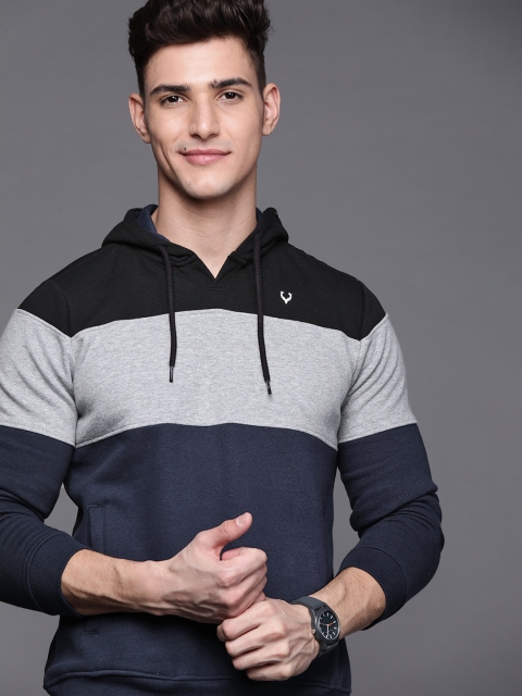 

Allen Solly Sport Men Navy Blue & Black Colourblocked Hooded Sweatshirt