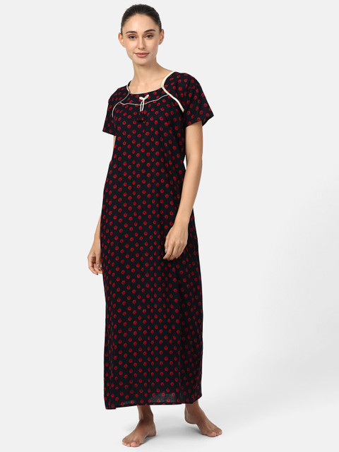 

V2 Value & Variety Navy Blue & Red Floral Printed Maxi Nightdress