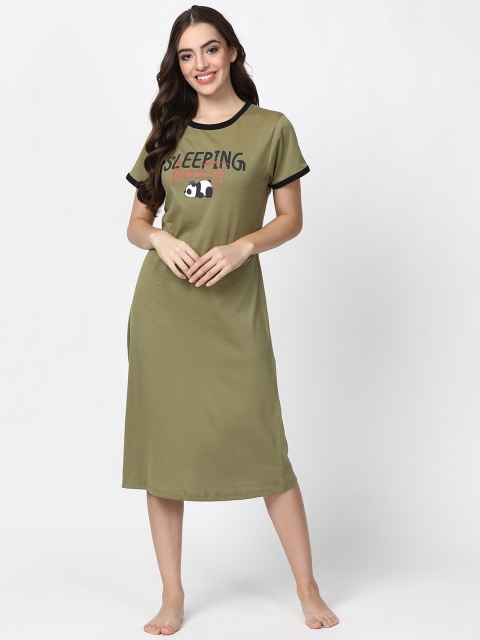 

V2 Value & Variety Olive Green & Black Printed Pure Cotton Nightdress