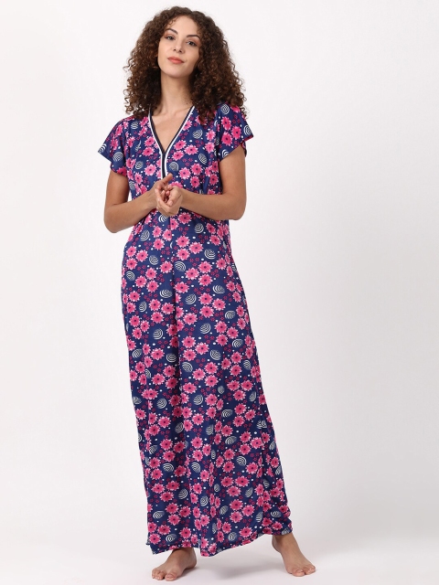 

V2 Value & Variety Navy Blue & Pink Printed Maxi Nightdress