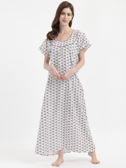 

V2 Value & Variety White & Maroon Printed Pure Cotton Maxi Nightdress