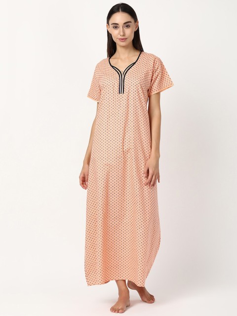 

V2 Value & Variety Peach-Coloured & Black Printed Maxi Nightdress