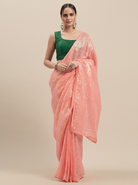 

GoSriKi Peach-Coloured Embellished Sequinned Saree