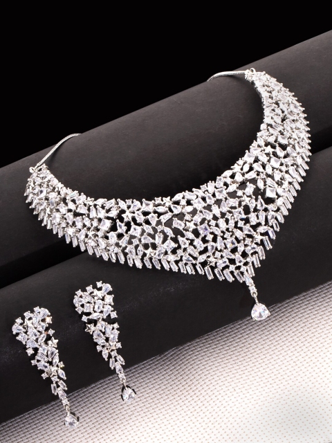 

Voylla Rhodium-Plated Cubic Zirconia Studded Jewellery Set, Silver