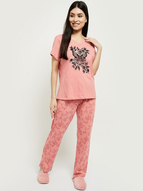 

max Women Coral Pink & Black Printed Pure Cotton Night Suit