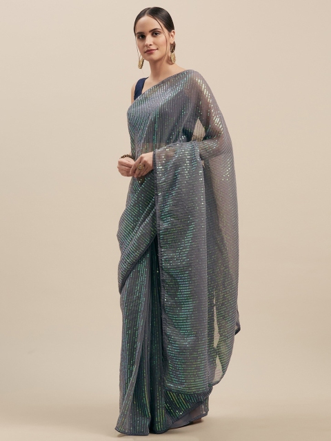 

GoSriKi Grey & Silver-Toned Embellished Saree
