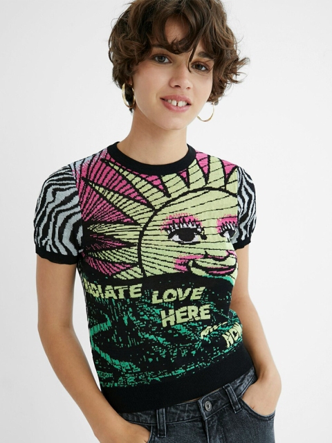 

Desigual Women Black Striped Pockets T-shirt