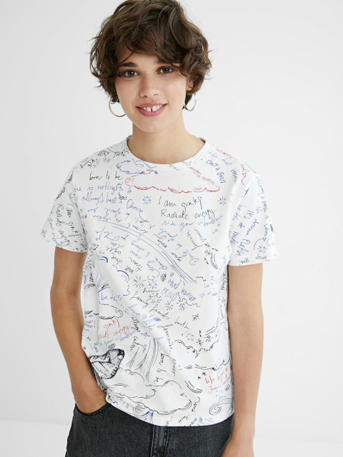 

Desigual Women White & Blue Typography Printed T-shirt