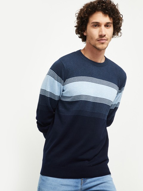 

max Men Navy Blue Striped Colourblocked Pullover