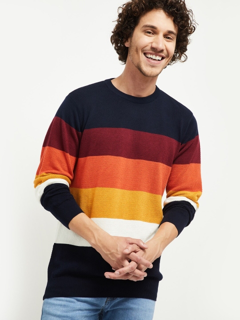 

max Men Navy Blue & Multicoloured Colourblocked Pure Cotton Pullover