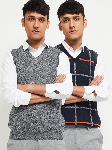 

max Men Navy Blue & Grey Set of 2 Sweater Vest
