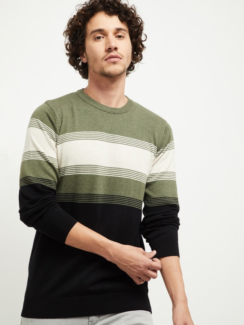 

max Men Olive Green & White Colourblocked Pullover