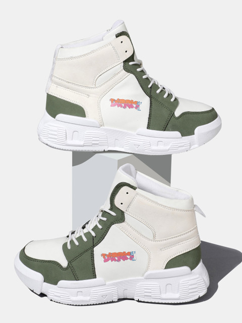 

RapidBox Men Olive Green & Off White Colourblocked High-Top Sneakers
