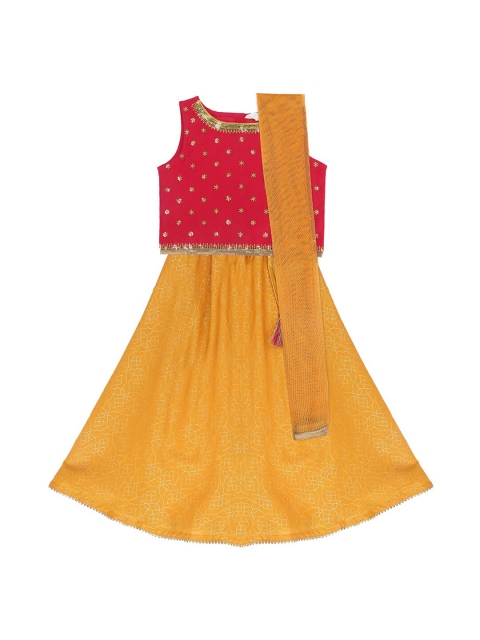 

AKKRITI BY PANTALOONS Girls Pink & Yellow Embroidered Semi-Stitched Lehenga Choli