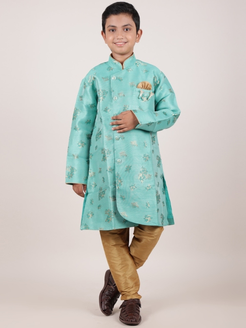

Pothys Boys Sea Green & Gold-Toned Woven Design Jacquard Sherwani Set