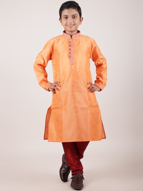 

Pothys Boys Peach Jacquard Sherwani Set