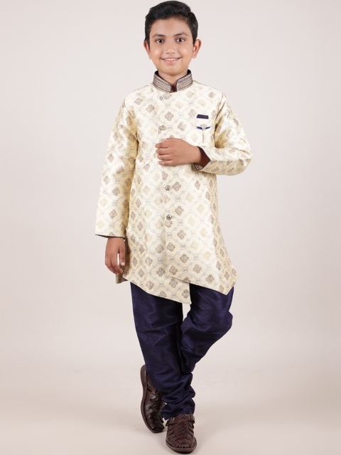 

Pothys Boys Cream-Coloured & Navy Blue Jacquard Sherwani
