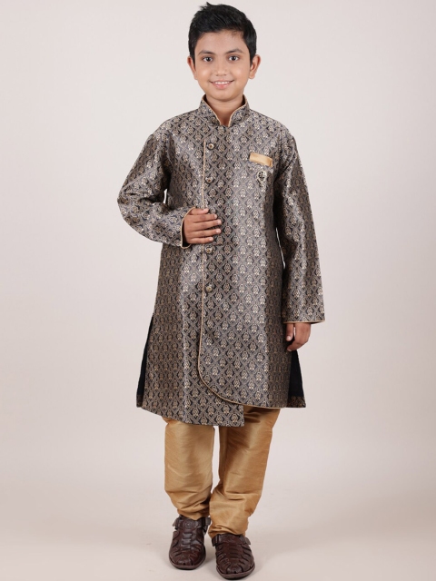 

Pothys Boys Navy Blue & Gold-Toned Woven Design Jacquard Sherwani Set