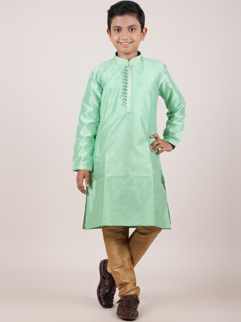 

Pothys Boys Green & Gold-Toned Woven Design Jacquard Sherwani Set