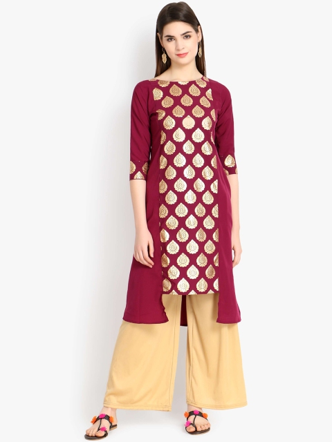 

ALC Creations Women Maroon & Gold-Toned Ethnic Motifs Printed Crepe Kurta