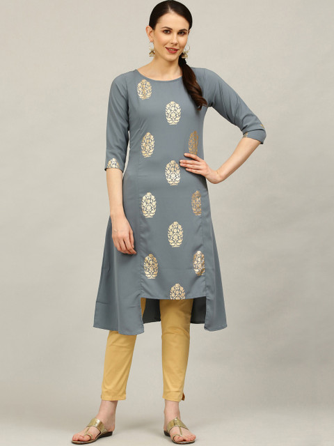 

ALC Creations Women Grey & Gold-Toned Ethnic Motifs Printed Crepe Kurta
