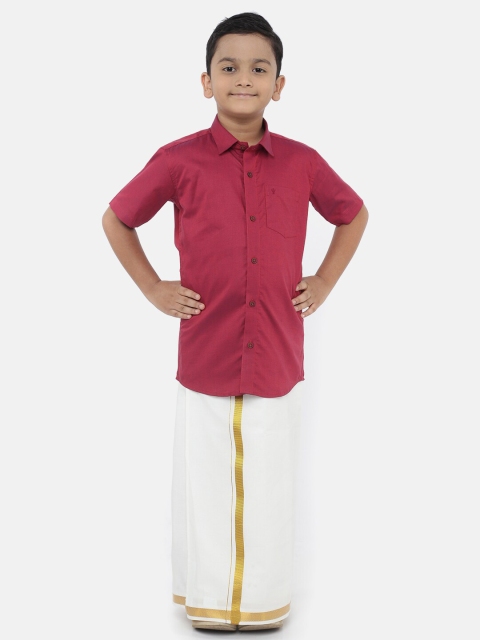 

LITTLESTARS Boys Maroon & White Pure Cotton Shirt with Dhotis