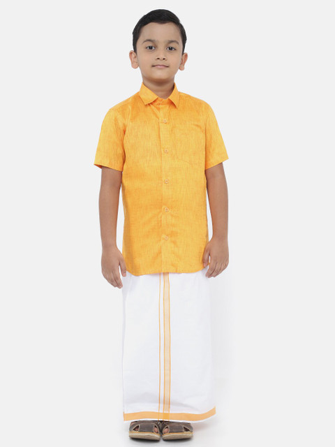 

LITTLESTARS Boys Yellow & White Pure Cotton Shirt with Dhoti