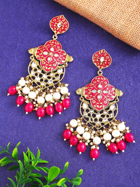 

Yellow Chimes Pink & Gold-Toned Meenakari Handcrafted Contemporary Drop Earrings