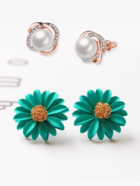 

Yellow Chimes Pack Of 2 Gold-Plated & Green Floral Studs Earrings