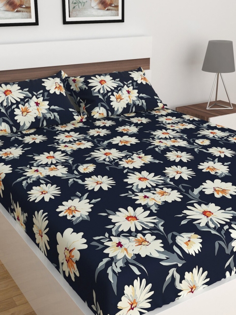 

Home Centre Navy Blue & Off White Floral Queen Bedsheet with 2 Pillow Covers