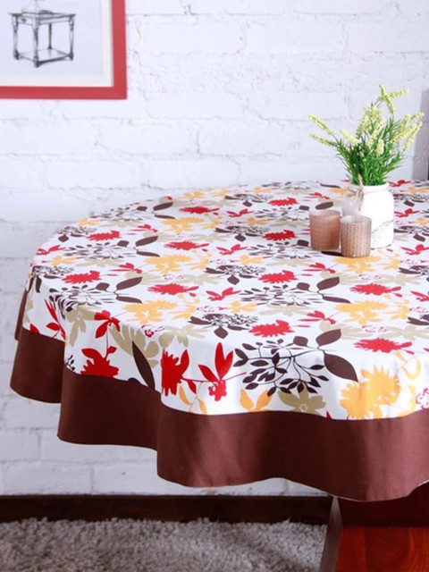 

Lushomes White & Brown Printed 6 Seater Round Table Cloth