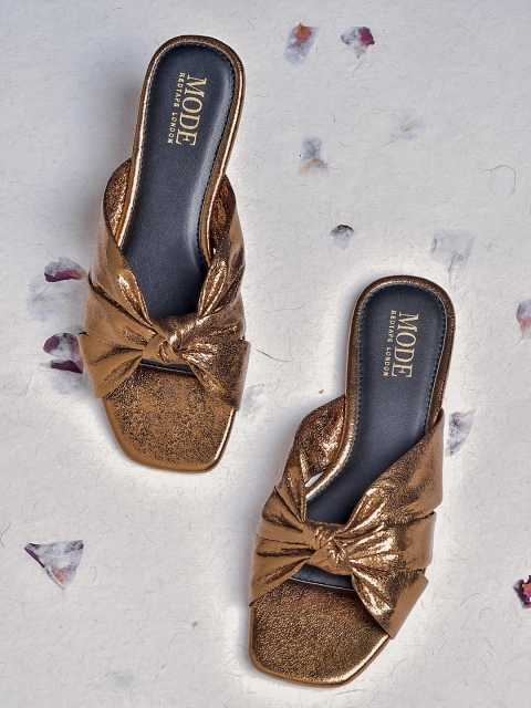 

Mode by Red Tape Women Gold-Toned Textured Open Toe Flats with Bows