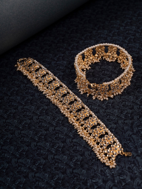 

Shoshaa Set Of 2 Gold-Plated White Kundan Studded & Pearls Beaded Handcrafted Anklets
