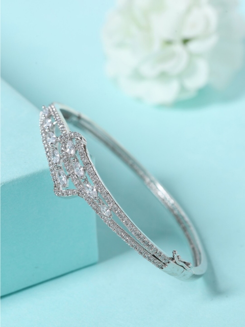 

Shoshaa Women Silver-Toned & White Brass Cubic Zirconia Oxidised Silver-Plated Bangle-Style Bracelet