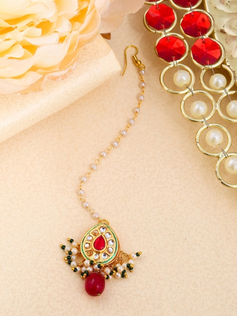 

Shoshaa Gold-Plated Red & White Stone-Studded & Pearl Beaded Handcrafted Maang Tikka