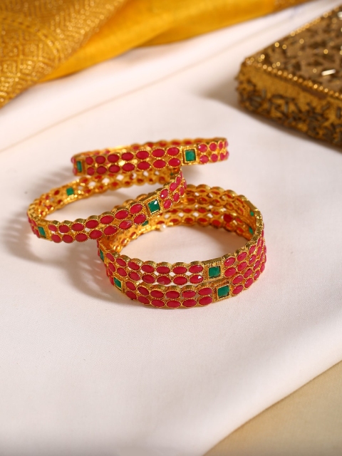 

Shoshaa Set Of 4 Gold-Plated Pink & Green Stone-Studded Handcrafted Bangles